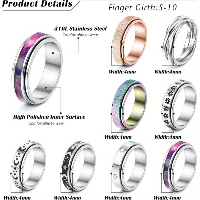 8pcs spinner rings for 316l stainless steel rings for women men band rings set fidget rings for anxiety Product details 0