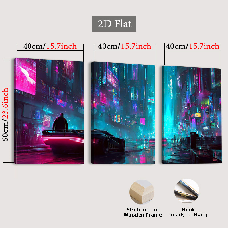 TEMU 2d Flat, 2d Flat, Set Of 3 Framed Neon Cityscape Wall Art, Canvas Paintings In Cyberpunk Style, Futuristic Car Posters, Art Prints With , Wall