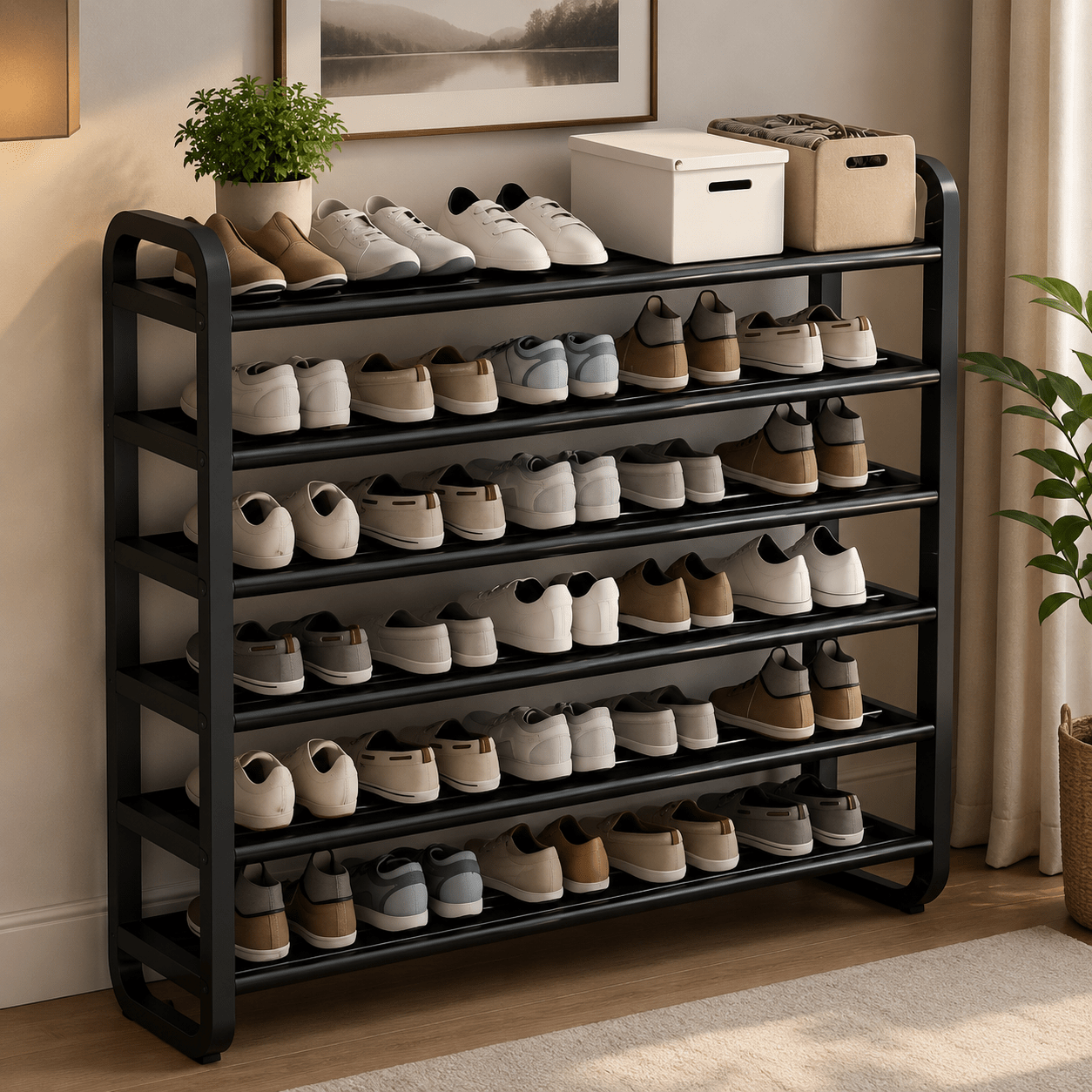 TEMU 6-tier Heavy-duty Foldable Shoe Rack With Expandable Shelf And Non-slip Base - Space-saving Stackable Shoe Cabinet For Entryway, Dorm, And