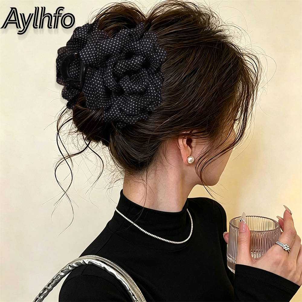 TEMU Aylhfo 1pc Fall Winter New Fabric Polka Dot Flower Hair Claw Clip, Acrylic Non Slip Shark Hair Clip, Elegant Large Rose Hair Jaw Clamp For Women