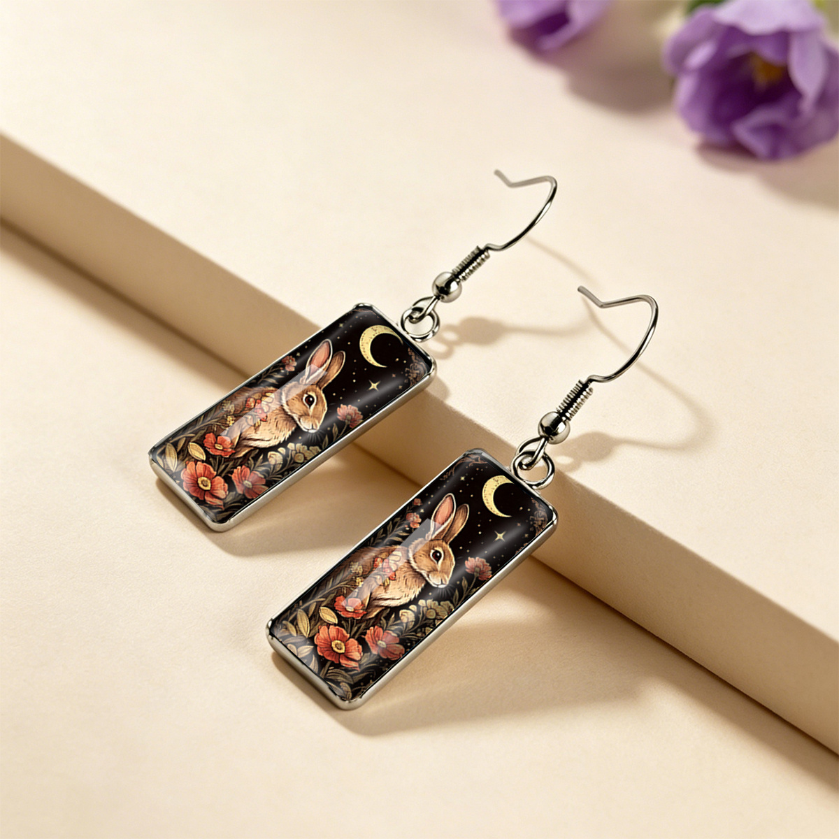 Women's Vintage Hand-Drawn Bunny & Starry Forest Stainless Steel Earrings