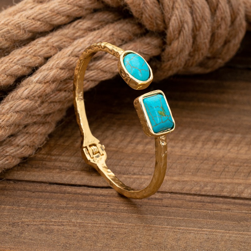 Women's Western Retro Hammered Bangle, Minimalist Oval & Rectangle