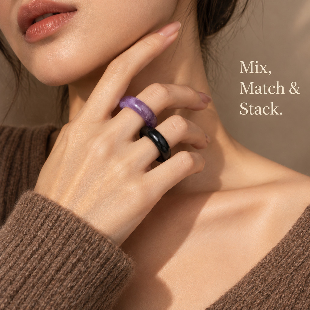2pcs Natural Amethyst & Obsidian Stackable Ring Set for Women