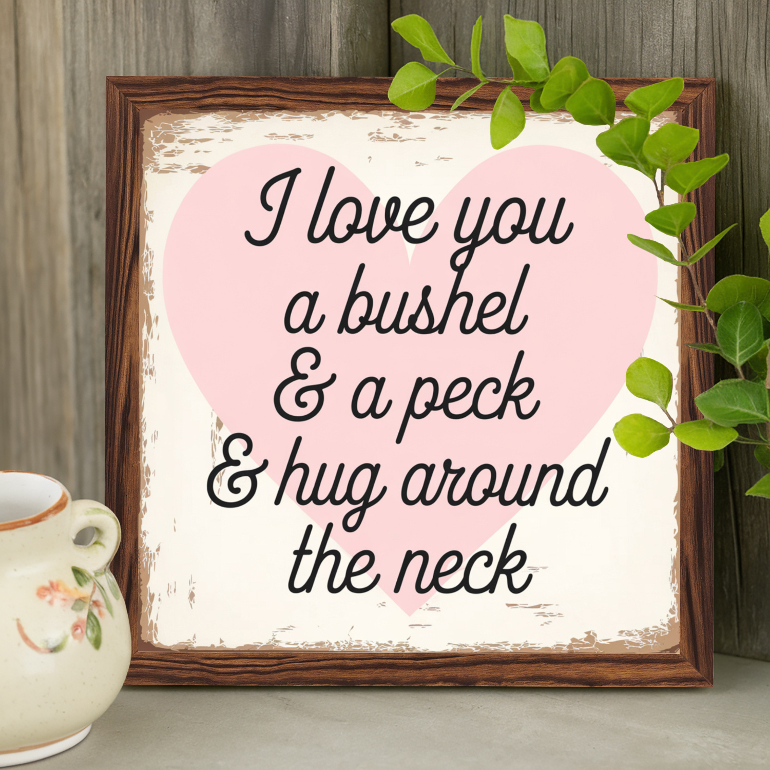 TEMU 1pc Vintage "i Love You A & A Peck Hug Around The Neck" Wood Framed Sign - 8x8 Inch Wood Wall Art, Valentine's Day Gift, Rustic Home Decor For ,