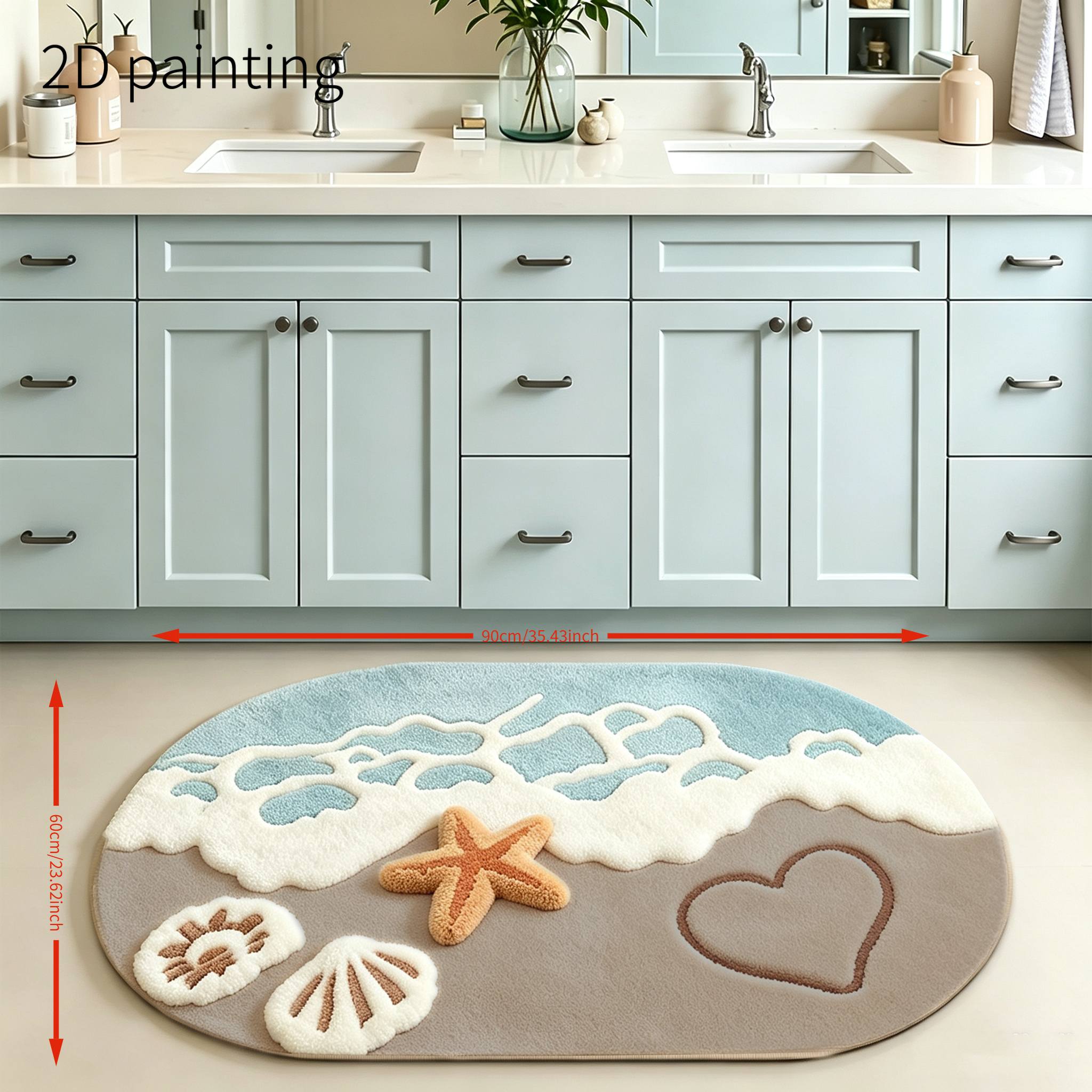 TEMU 1pc Oval Bathroom Mat- Ocean Theme, Decorated With Beach Starfish And Heart Patterns, Non-slip And Absorbent Bathroom Rug, Suitable For , Home