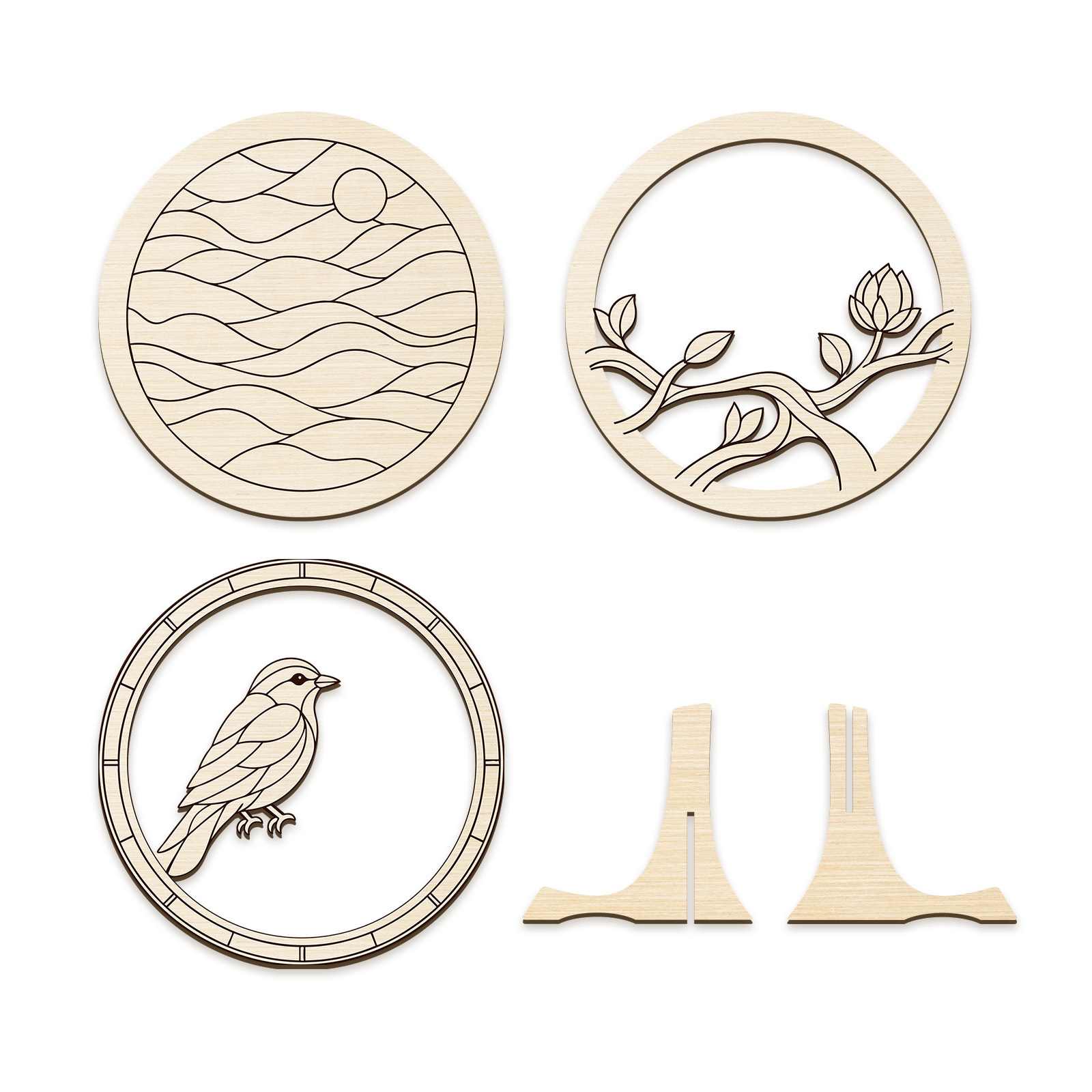 TEMU 1 Wooden Art Set, Featuring 3-layer 2d Flat Circular Wooden Decorations With Natural Bird And Floral Designs, Unpainted And Ready For Painting,