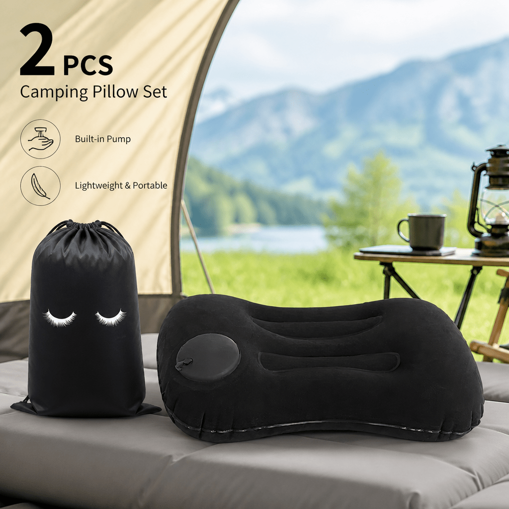 TEMU 2pcs Camping Pillow Set, 1pc Black Press-to-inflate Pillow And 1pc Drawstring Storage Bag, Lightweight Portable Inflatable Cushion With Built-in