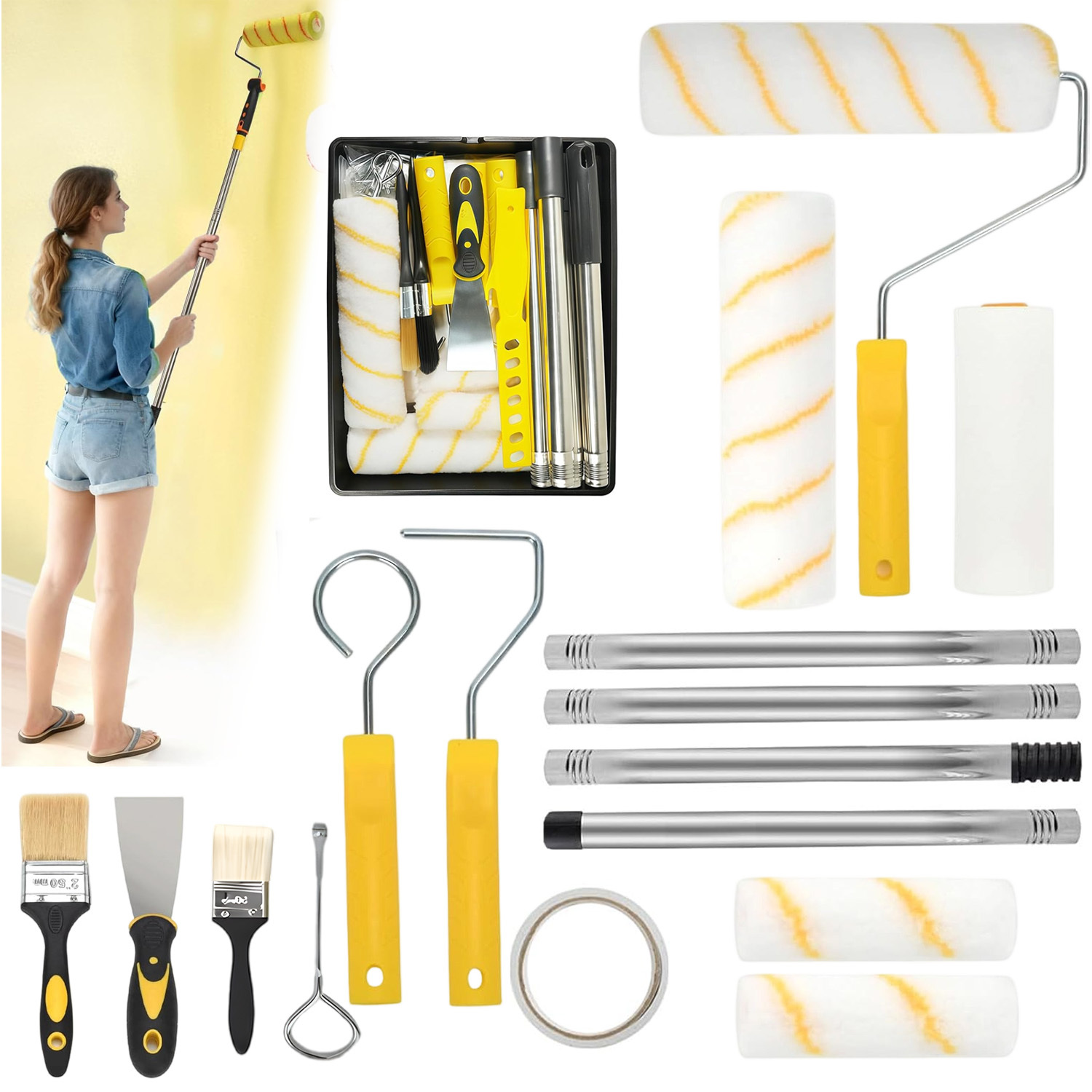 Image of Paint Roller And Tray Set, 17pcs With Extension Rod, 5 Rollers, Brush, Paint Mixer, Scraper, And Cleaning Rack For Painting Walls, Ceilings, And Furniture
