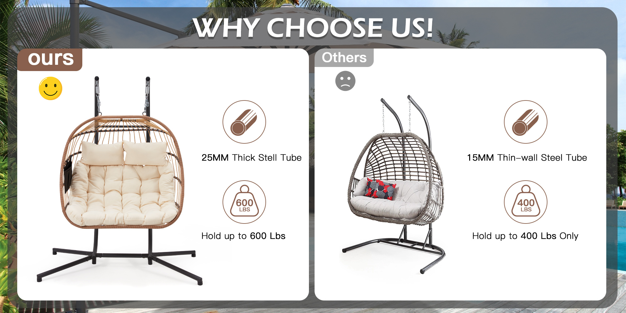 2 Person Hanging Egg Chair with Stand, Outdoor Wicker Swing Chair with Cushion, Heavy Duty Loveseat Chair for Patio Balcony Bedroom