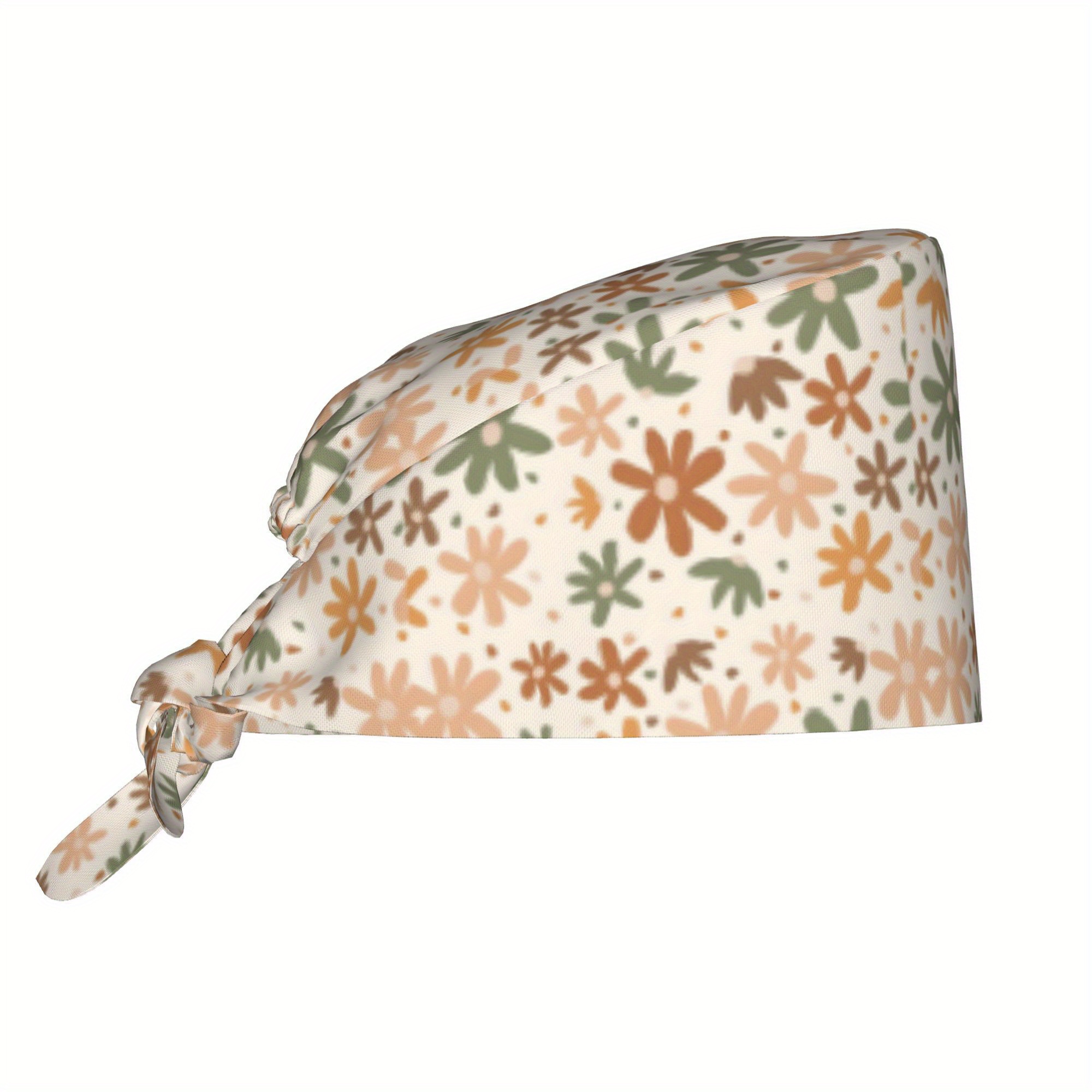 TEMU 1pc Of Floral Unisex Trendy Printed Work Cap - Lightweight Adjustable Skull Cap With Tie-back For Nurses, Dustproof Chef And Cooking Cap, Hats