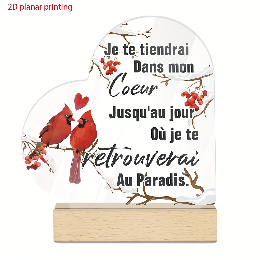 TEMU 2D Plat - [2D Plat] Ornement de Sentiment Français Acrylique 2D | Avec des Oiseaux Rouges et du , Idéal pour les Salons et les Mémoriaux, Cadeau