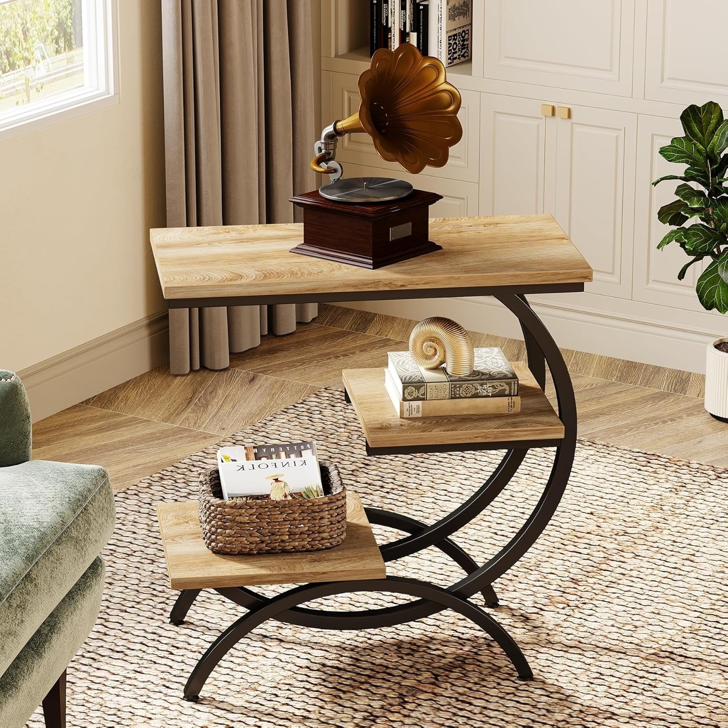 Side Table With 3 Tiers And Storage Space, Slim Wooden Coffee Table And Bedside Table With Shelves, Ideal For Small Spaces, Light Brown