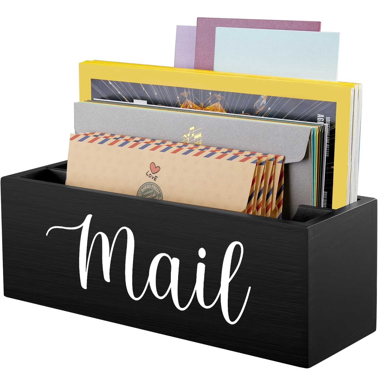 Black Wooden Letter Organizer With 2 Slots - Multifunctional Desktop And Wall-mounted Envelope Holder, Suitable For Home Office Decoration, Practical Hook
