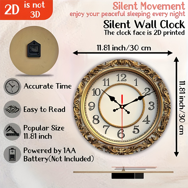 TEMU Elegant Easy Modern Large Wall Clock, Red Hands And Numbers - 9.84inch Round Silent Quartz Movement, Golden Dial, Durable Artificial ,