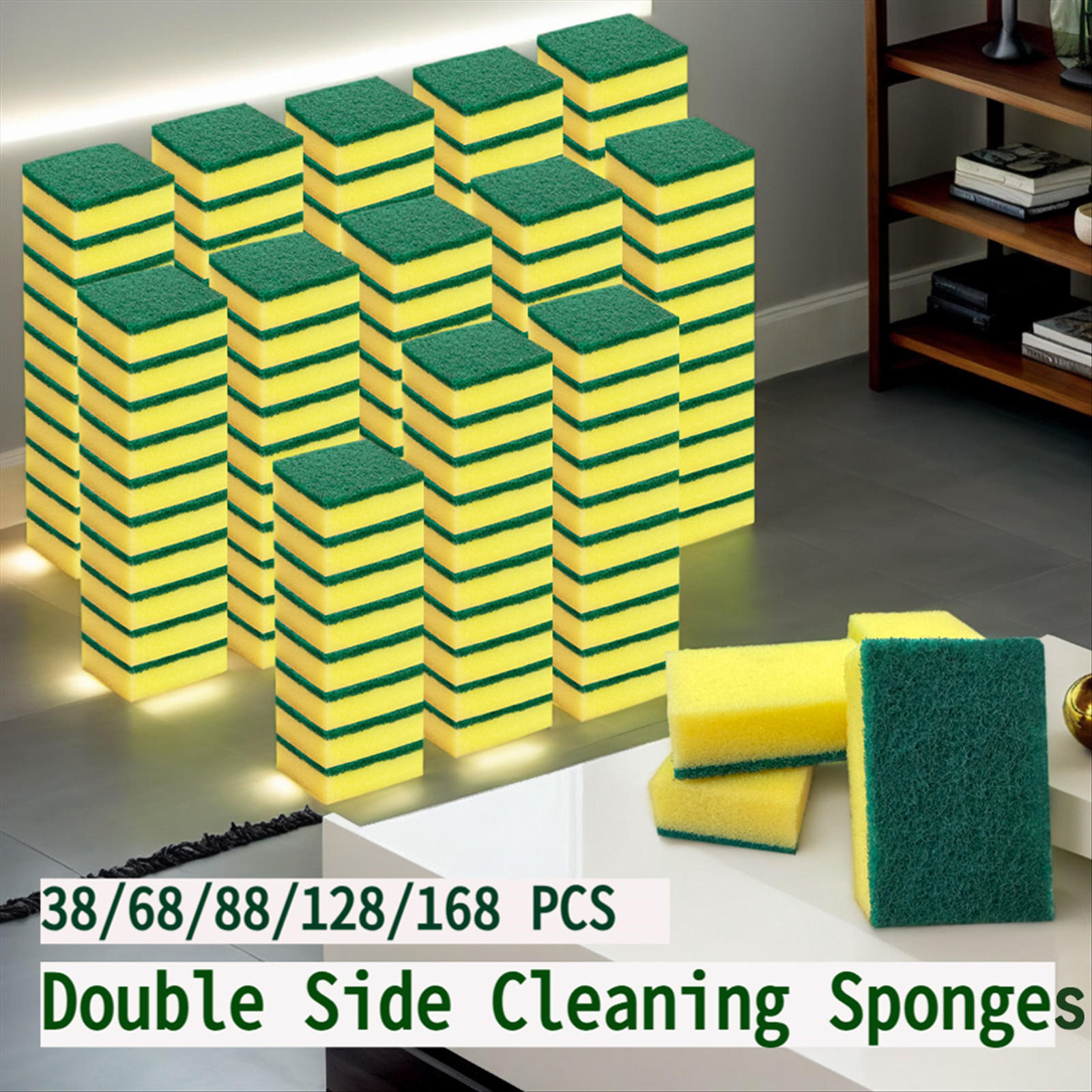 high-quality double-sided cleaning sponge with rich foam and strong water absorption.   is soft and absorbent, suitable for wiping smooth   or soaking up moisture, while   has strong friction to   remove     stains. details 0