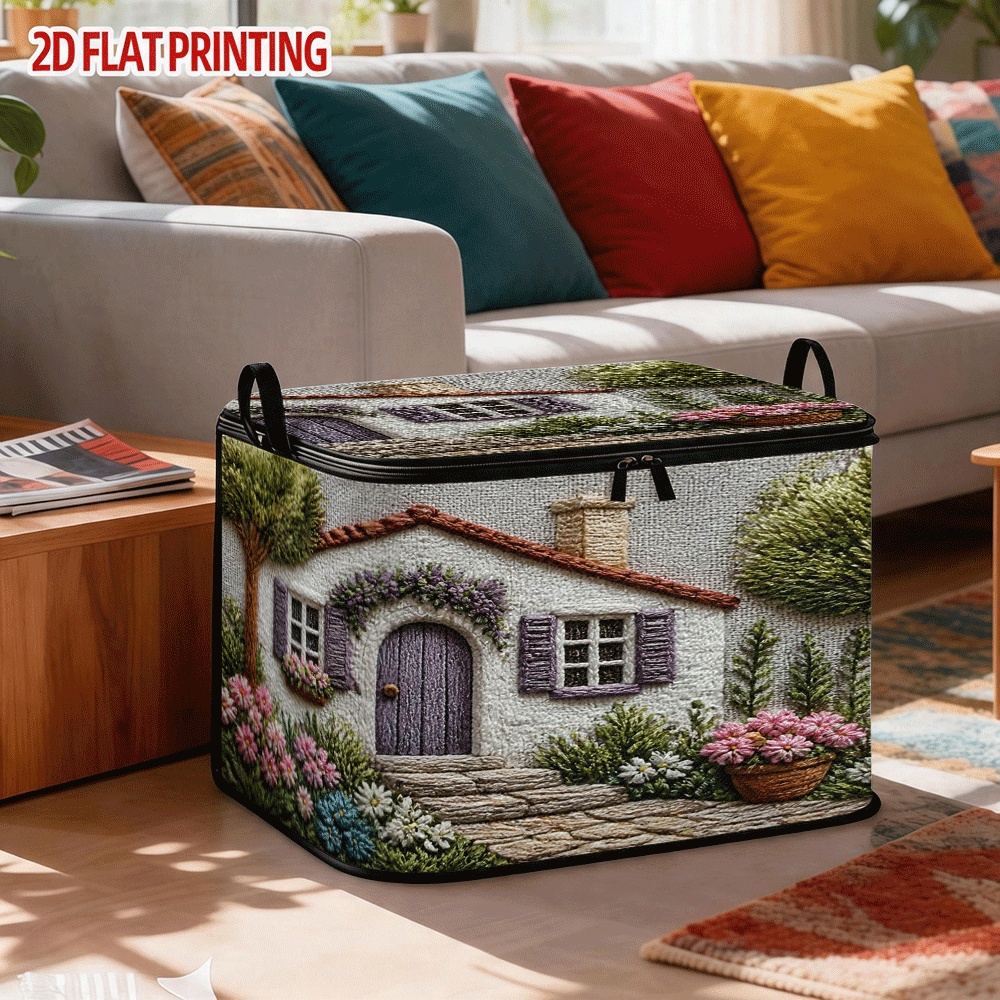TEMU Embroidered Cottage Zippered Laundry Basket, 1pc, Durable Storage Bin, Suitable For Home, Room, Dorm Organization, Portable Handle, 2d Flat