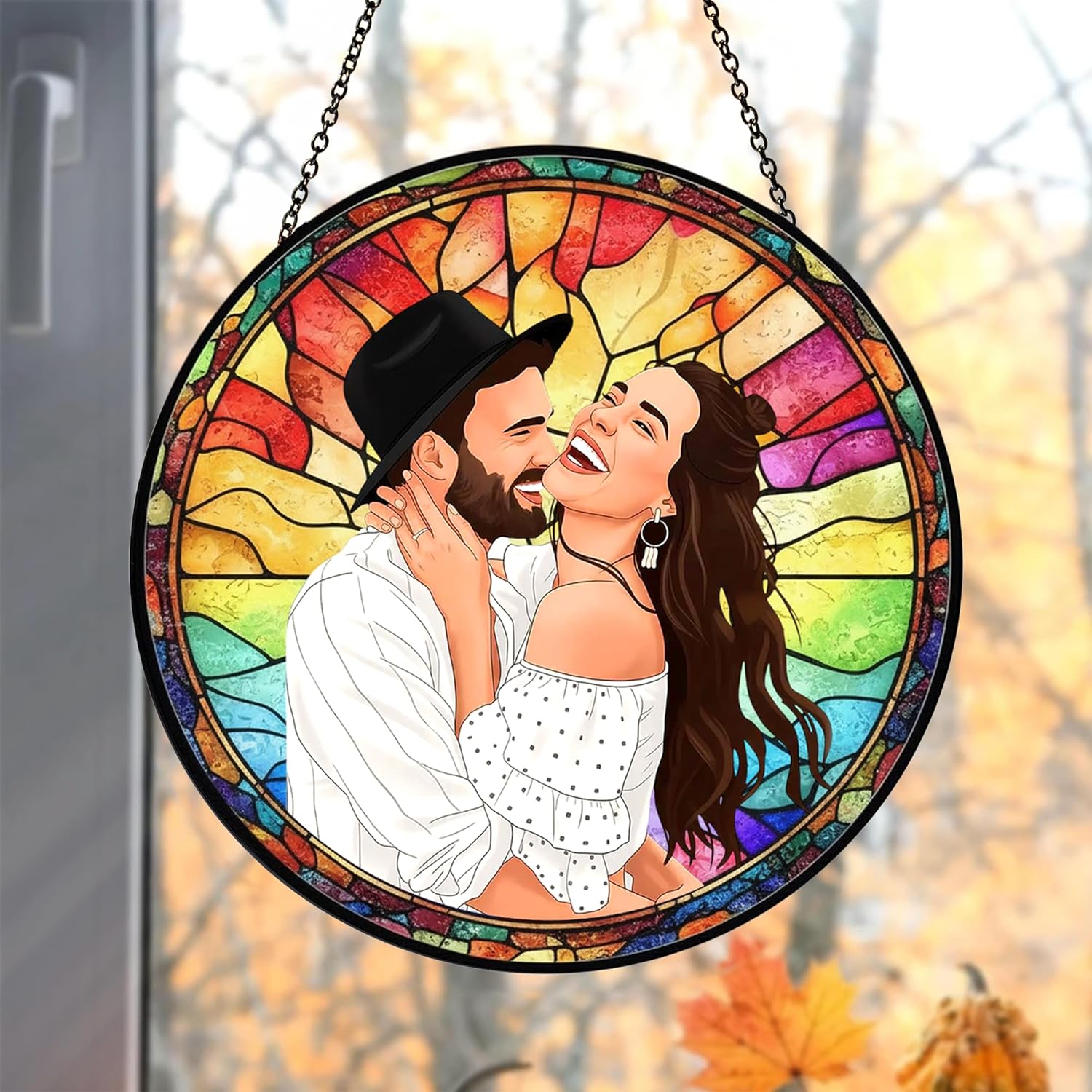 TEMU 2d Flat, 2dflat Personalized Couples Photo Stained Glass Sun Catcher, Photo Cuople Portrait Window Hanging Ornament Gifts For Her& Him, Custom