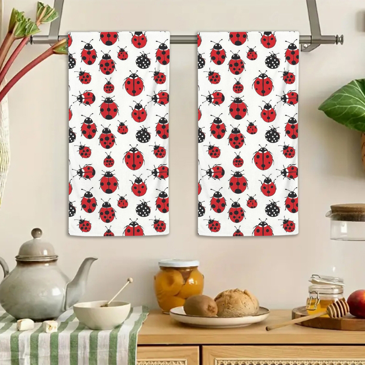 

2pcs Polyester Kitchen Towels, 18x26 Inch, Red Ladybug Pattern, Rectangular Hand Wash Only Towels For Kitchen & Bathroom Decor, Ideal Housewarming Gift, Farmhouse Style, Rectangular Shape