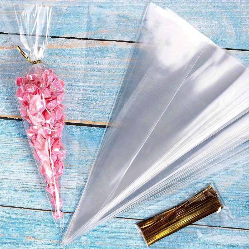 50pcs golden twist tie cone bags transparent cellophane treat bags for popcorn   candy ideal for party favors weddings birthdays plastic accessories
