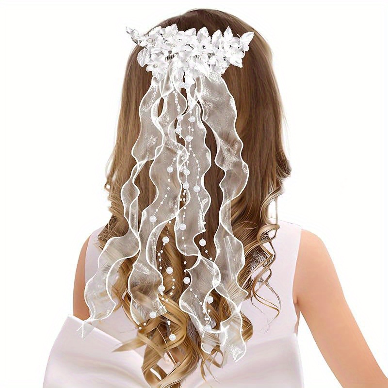 E-shop Brautkopfschmuck-Kamm mit Weißer Blumenperlen-Spaghettiband - Organza-Haarschmuck mit Perlen, Blumen & Schleifen für Hochzeiten, Kommunionen,