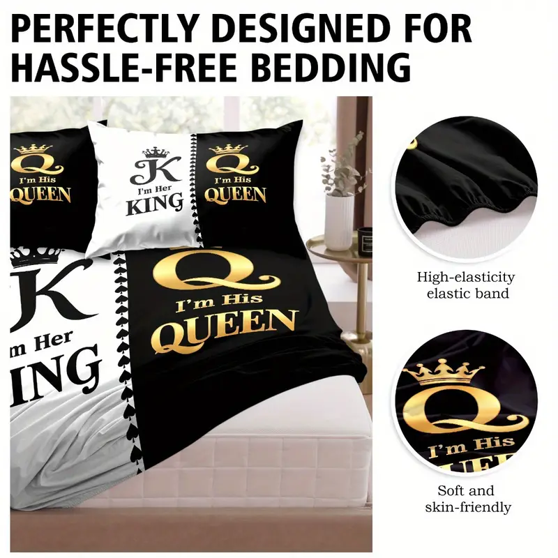 king queen print bedding set 3pcs soft cozy non slip lightweight fitted sheet with elastic corners and matching pillowcases fashion forwad decorations for dorm bedroom apartment hotel idea for christmas birthday gifts Product details 5