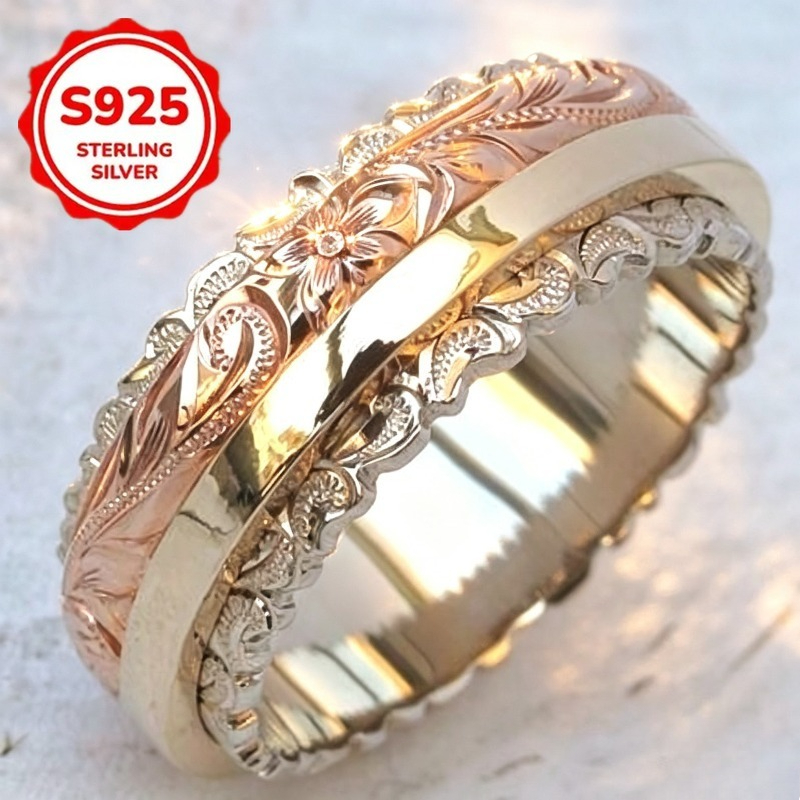 TEMU 1pc 925 Sterling Silver Gift Style Women's Ring, Embossed Floral Leaf Details, Versatile Fine Jewelry For Occasions