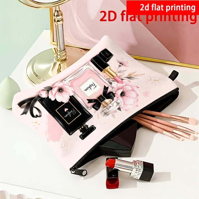 TEMU Impression 2D à plat, 1 pièce Trousse de maquillage à imprimé floral de flacon de parfum et de rouge à lèvres aux roses, décorée de paillettes