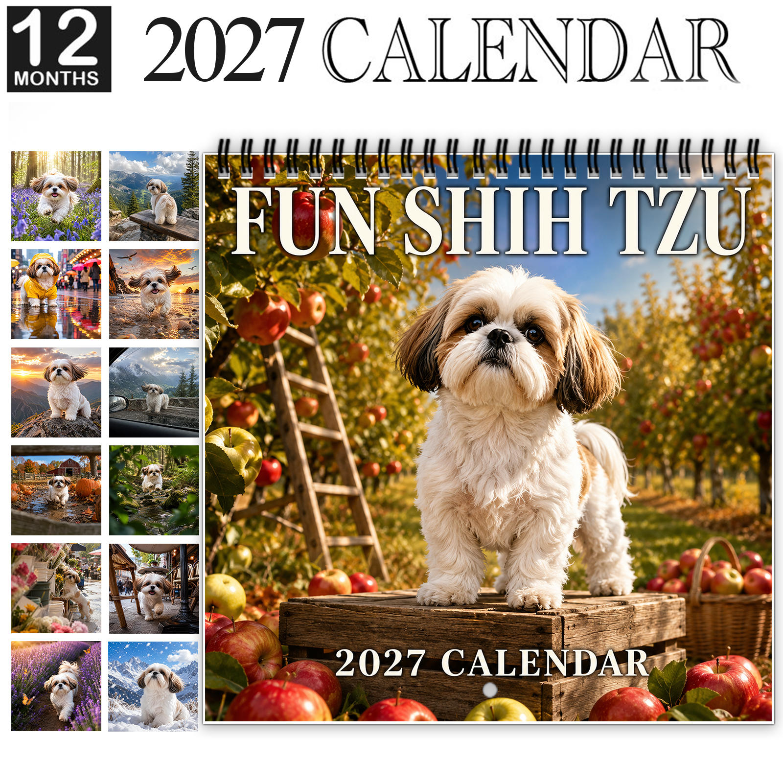 TEMU 1 pièce Calendrier mural amusant Shih Tzu 2027, calendrier canin spirale 12 mois avec grands de date inscriptibles, mettant en des chiens Shih