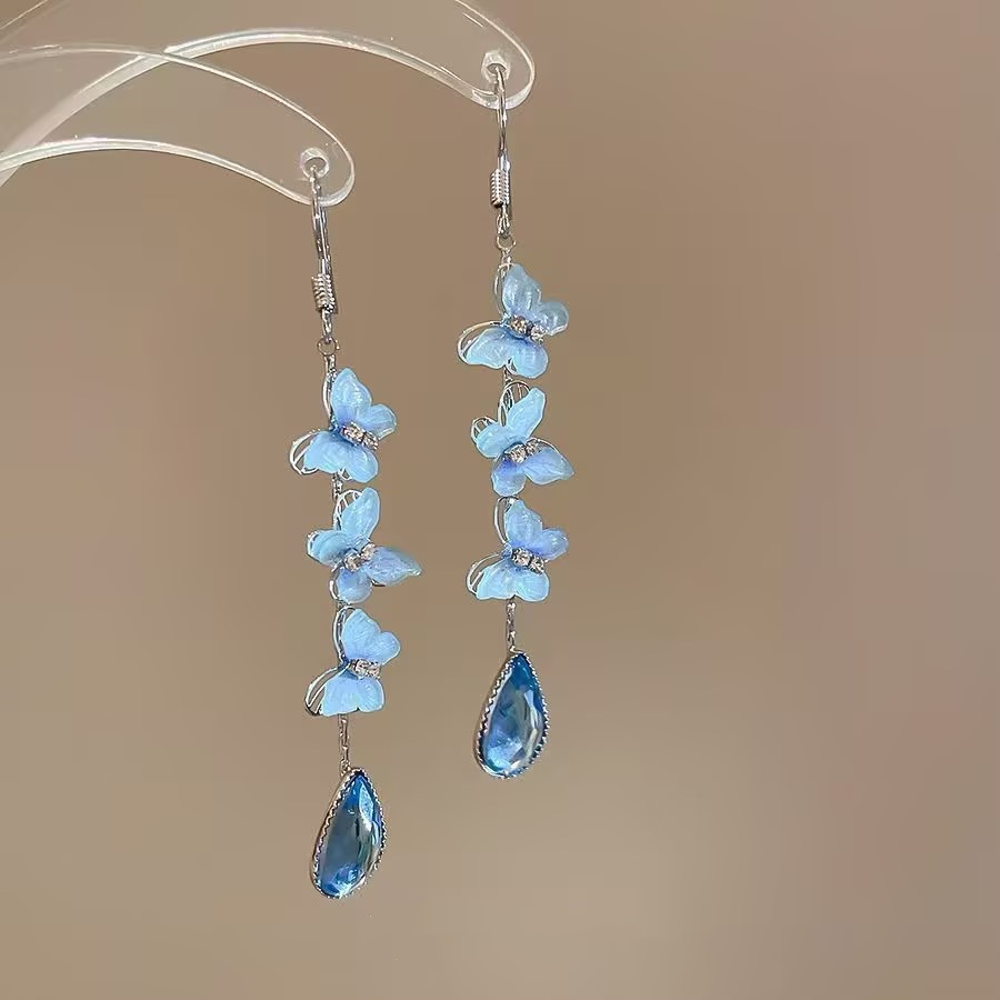 TEMU 1 Pair Women's Elegant Light Blue Tassel Earrings, Bling Rhinestone Water Drop Pendant Suitable For Daily Parties, Birthday, Holiday, Festival