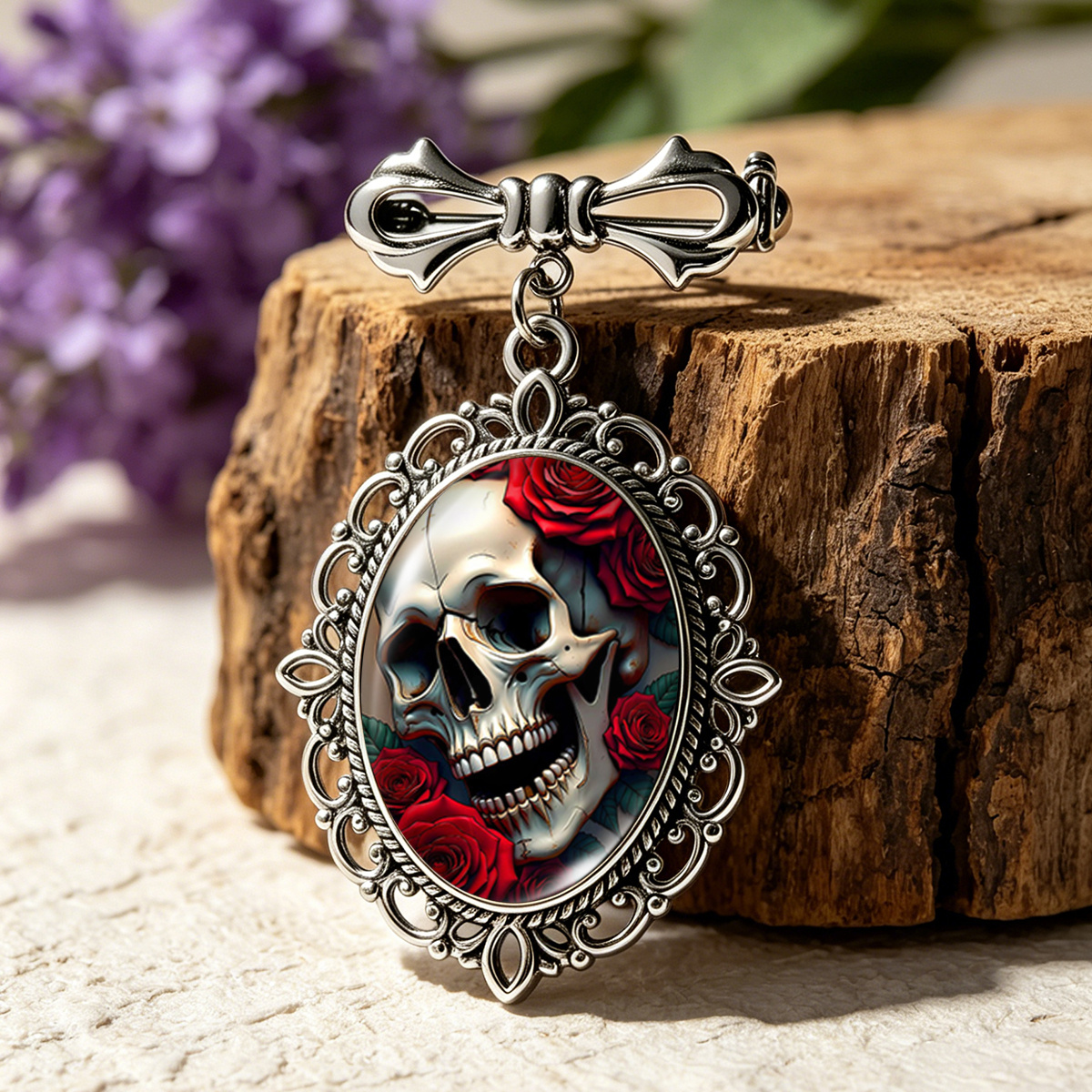 TEMU 1pc Crâne avec Roses Rouges Cabochon Ovale en Verre Broche Nœud Broche de Sac à Dos de Vêtements Broches Bijoux Cadeau