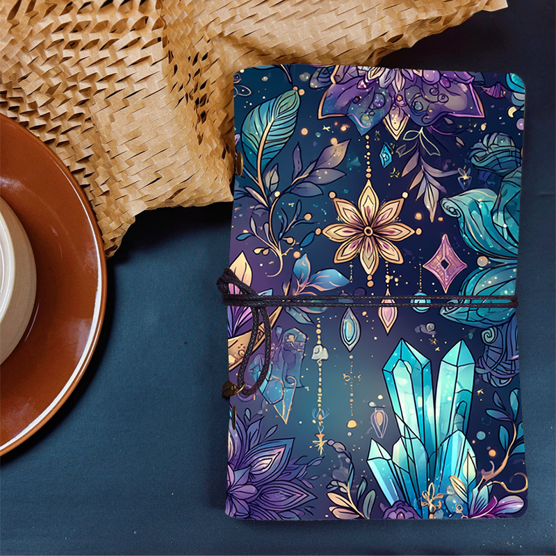 Image of Vintage Leather Cover A6 Notebook Ideal For Holiday Gifts Journaling & More With, Flowers, Crystals, Leaves, Stars