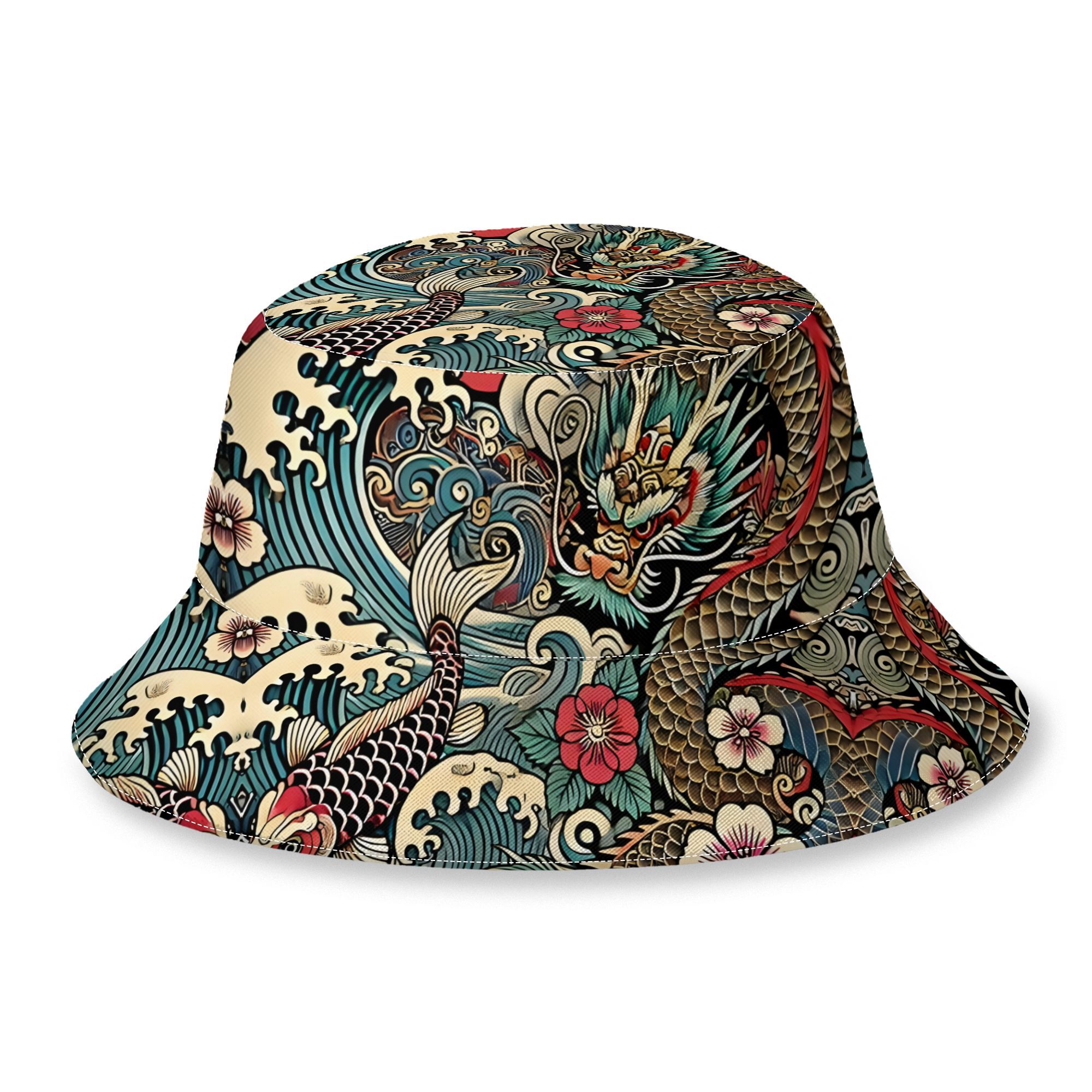 TEMU 2d Print Design Traditional Japanese Irezumi Tattoo Dragon And Koi Print Spring Summer Bucket Hat, Men Women Street Casual Bucket Hat