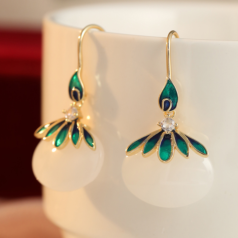 Vintage Drape Earrings with Pale Green Oval Setting