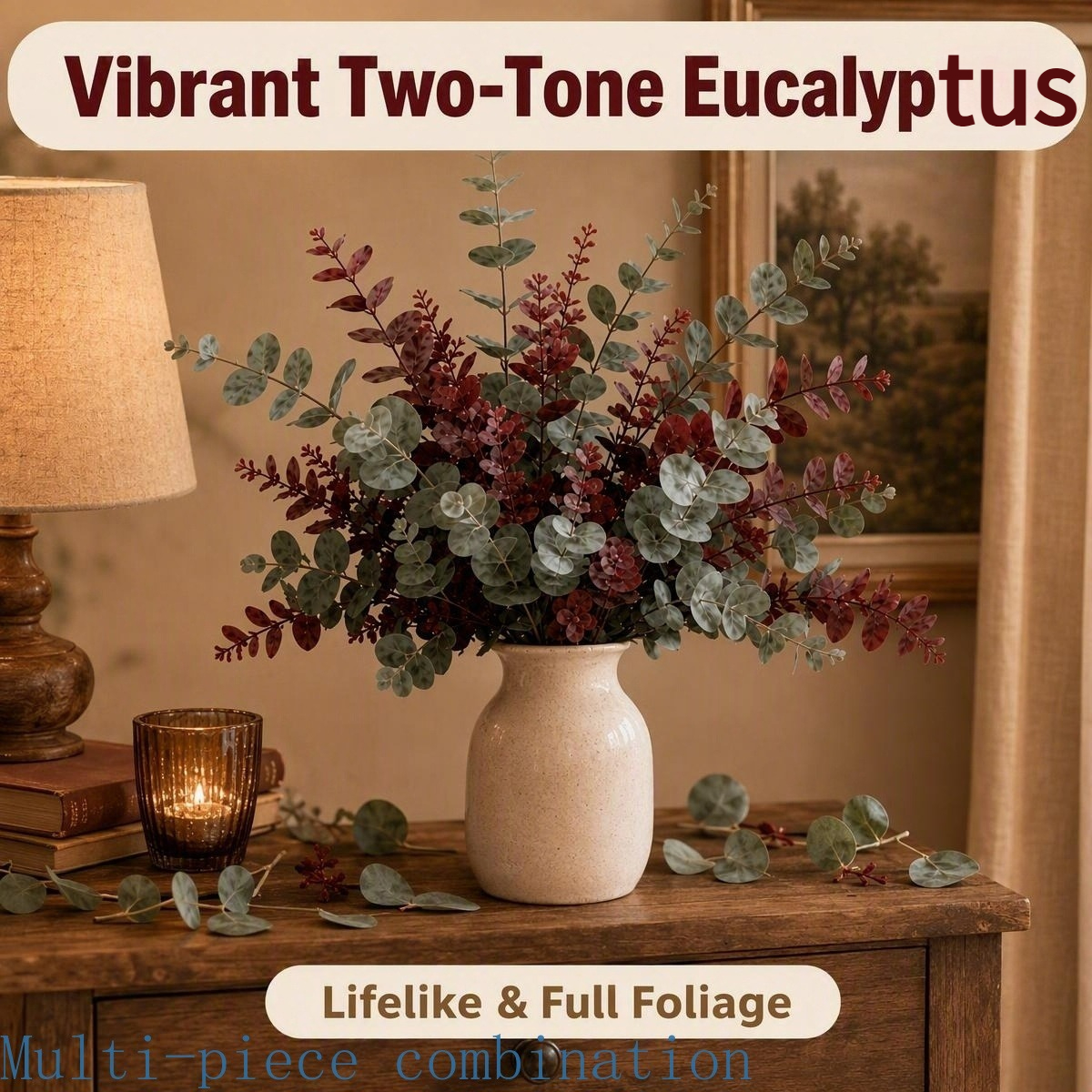 TEMU 24pcs Artificial Eucalyptus Sprig Set, 12 Burgundy + 12 Gray-green, 14.17 Inches/36cm Tall Ultra-realistic Faux Greenery Branches, Suitable For