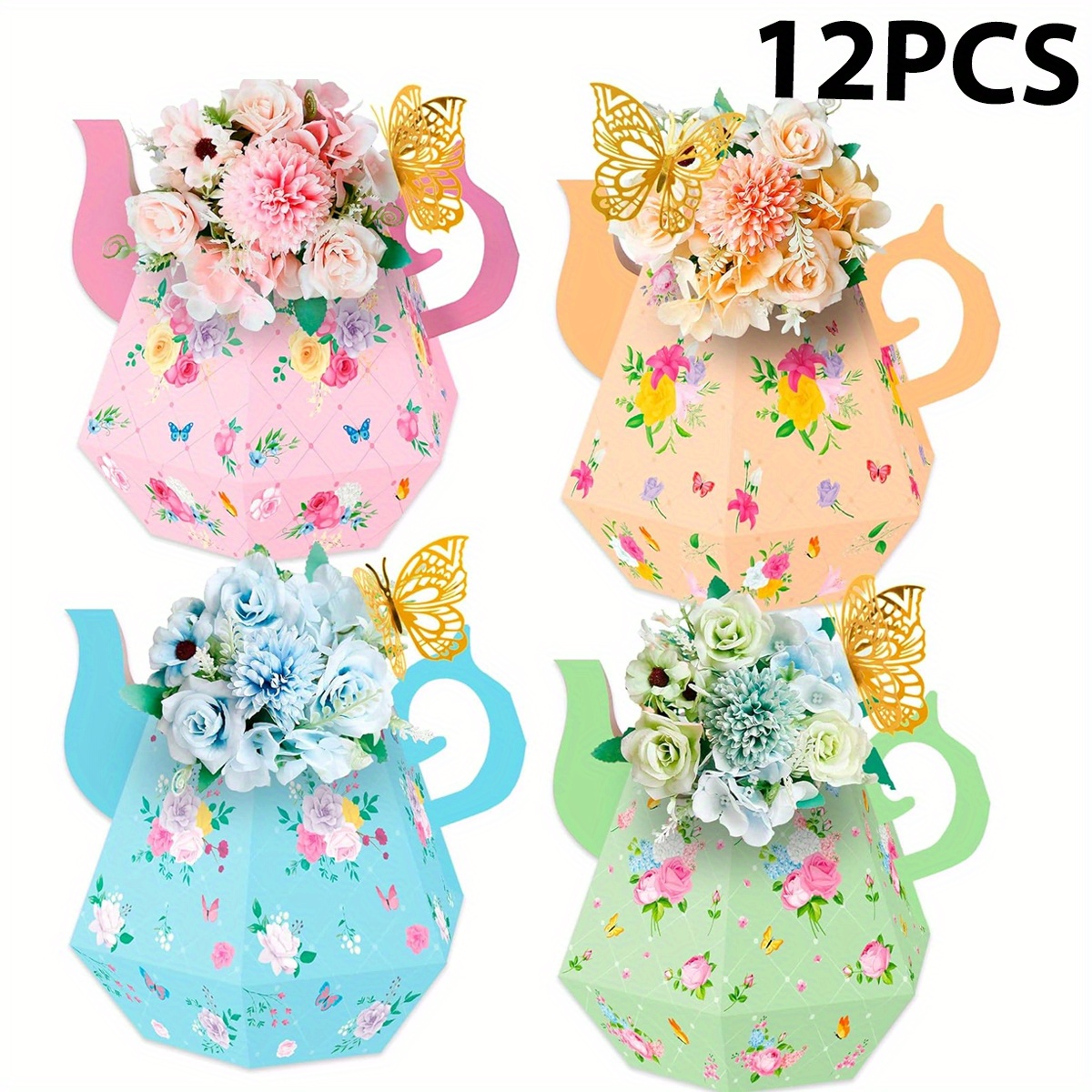 Ireer Lot de 12 centres de table pour fête du thé - Décorations de fête printanière - Théière princesse - Centre de table pour le thé floral - Fournitures d'anniversaire de mariage