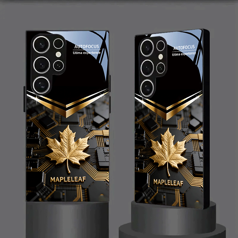 TEMU Phone Case: Black Golden Core Vein Maple Leaf Pattern Tempered Glass Phone Case For S26 Ultra, S26 Plus, S26, S25 Fe, S25 Ultra, S25 Plus, S25+,