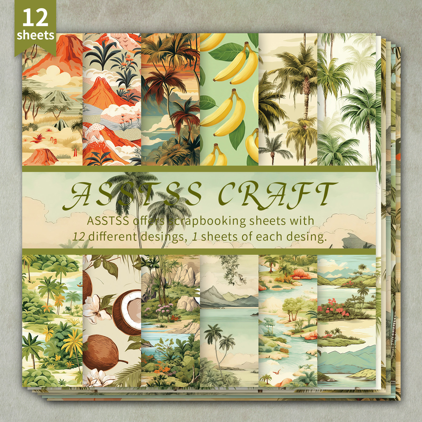 TEMU 12-sheet Asstss 6x6-inch Scrapbooking Paper Pad, Summer Tropical Jungle Retro Backing Paper Supplies, Heavyweight Cardstock For Journaling,
