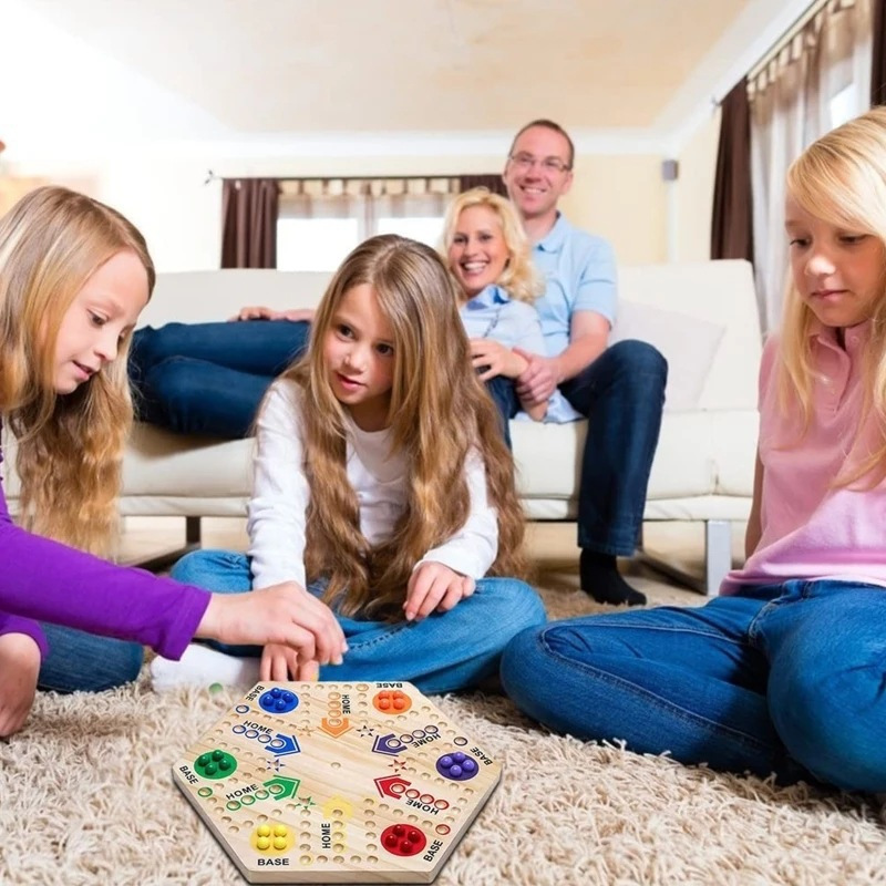 Original Double-Sided Painted Wooden Board Game - Fast Track For 2 To 6 Players, 6 Colors, 24 Marbles, 6 Dice, Suitable For Adults & Kids, Family Gatherings, Parties, Holiday Gifts (15 Inches).