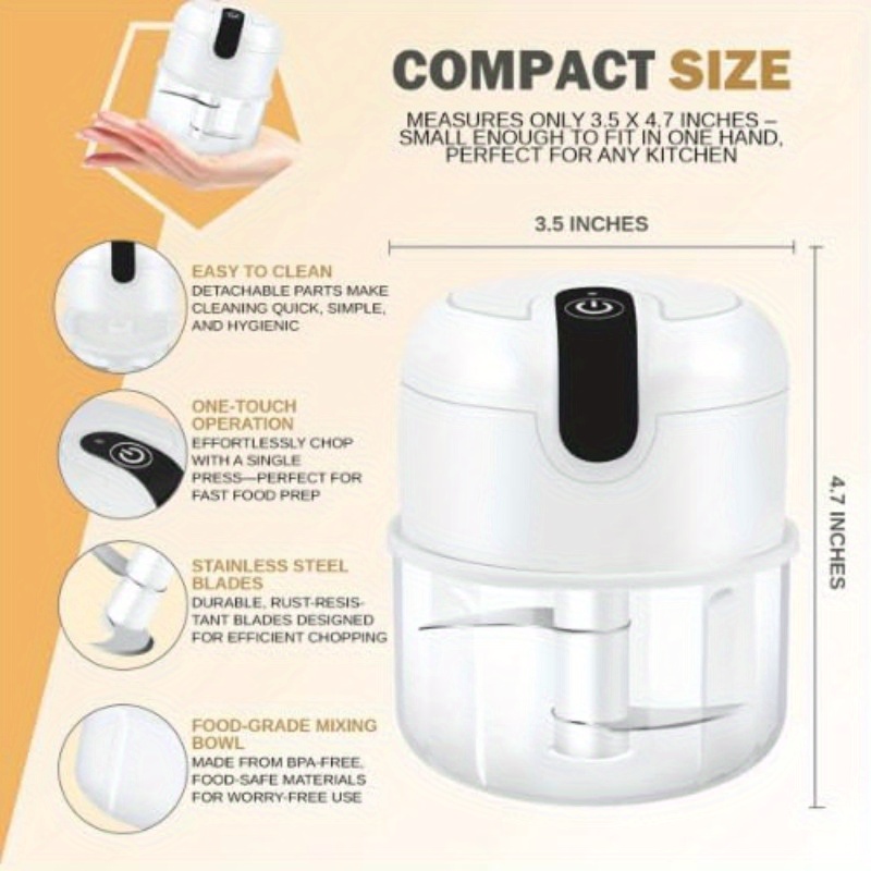 usb rechargeable electric garlic chopper & food processor with stainless steel blades, bpa-free bowl, 60w powerful motor & 12-second chopping time - portable mini chopper for garlic, onion, herbs, nuts, spices, dips -   with ergonomic lid & brush attachment, cordless operation, usb-powered for home, office, travel, garlic crusher, garlic slicer thin cuts, garlic rocker, electric food chopper, chopper for food and vegetable, garlic peeling machine Product details 1