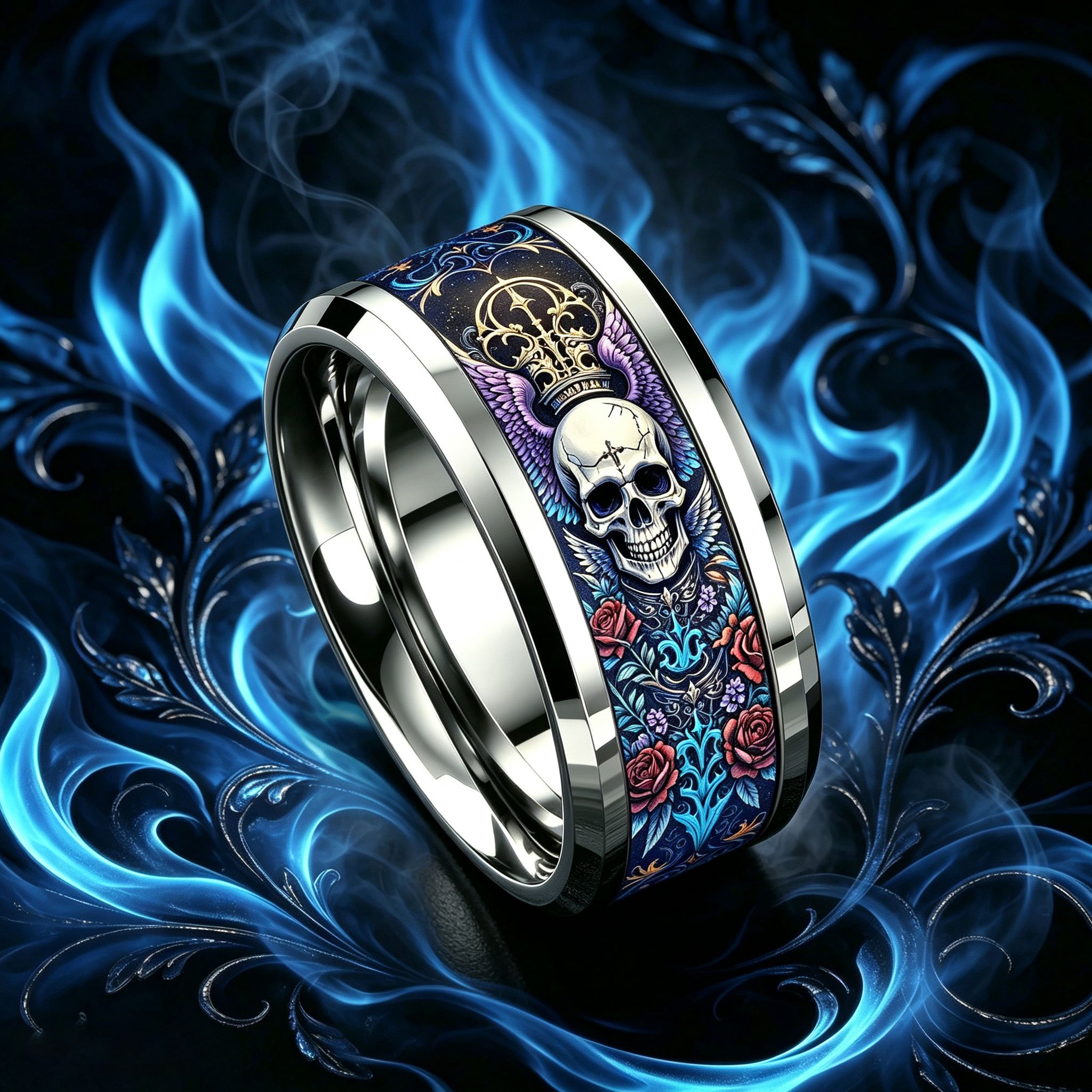 Crown Wing Skull Red Rose 304L Stainless Steel Ring