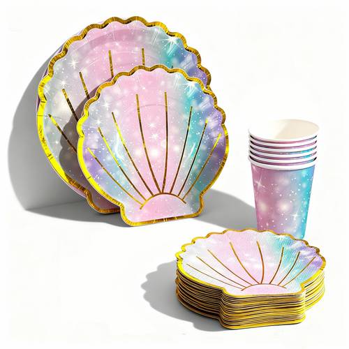 50pcs shell shaped paper plates disposable party paper plates with shell pattern design napkins and paper cups essential elegant party tableware for picnics weddings parties birthdays and party decorations