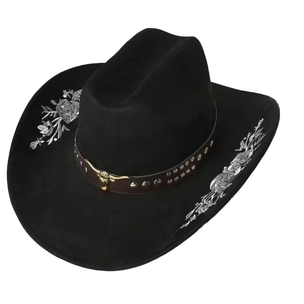 TEMU 2026 Classic Embroidered Faux Suede Cowboy Hat, Golden Floral Stitching With Rivet Belt Detail, Wide Brim For, Unisex, Ideal For Outdoor Travel