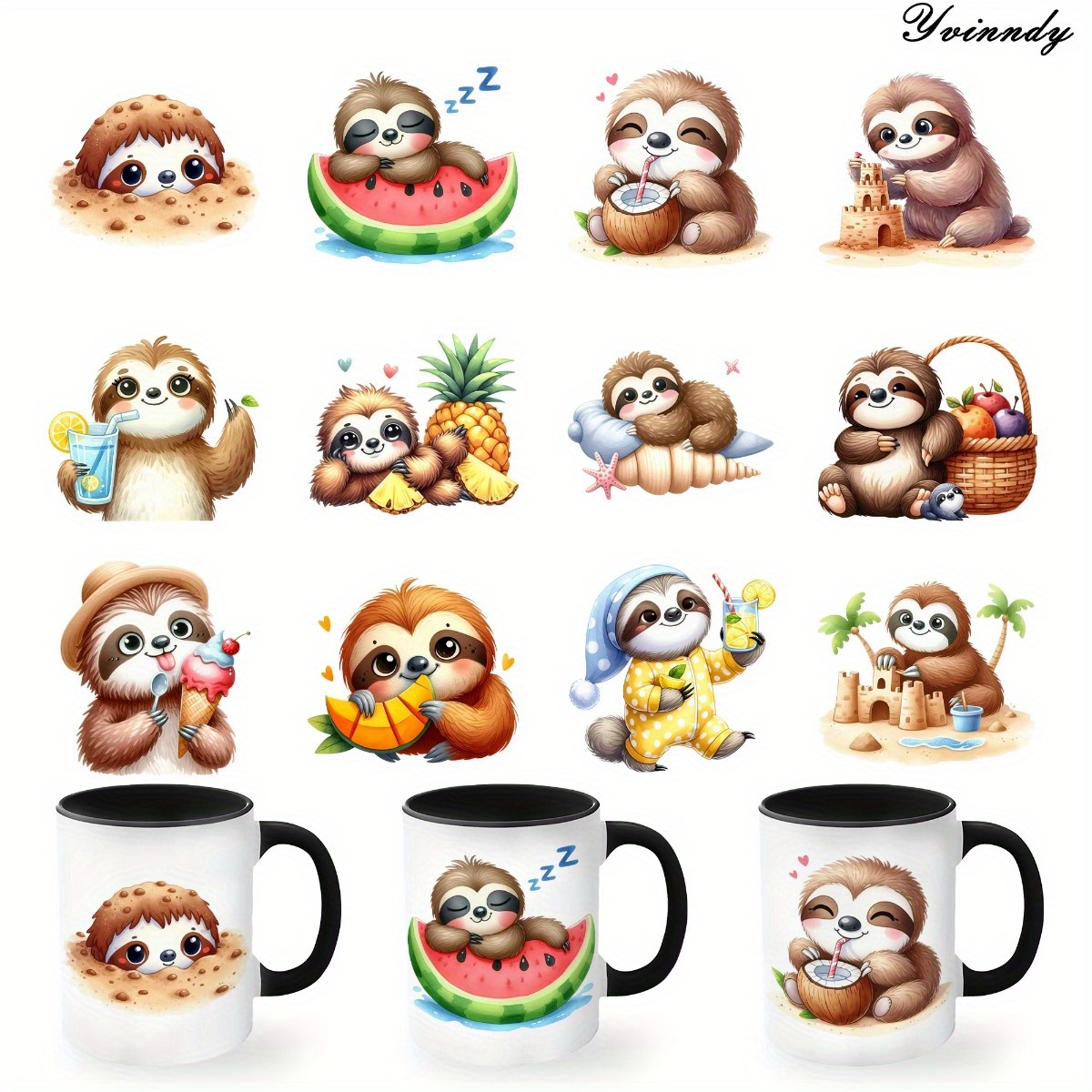 TEMU 12pcs/set Funny Sloth Diy Glass Jar Packaging Stickers Uv Dtf High Self-adhesive Transfer Paper Is Suitable For Decorating Cups And Bottles