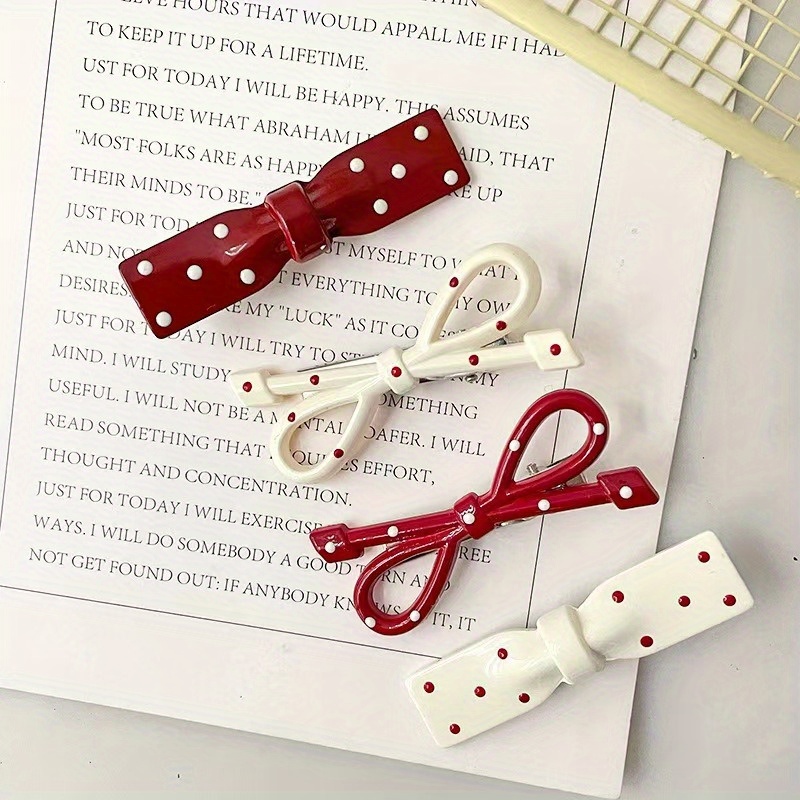 24pcs assorted colors red white and beige polka dot bow hair clips vintage style plastic barrettes for styling and fashion hair accessories Product details 4