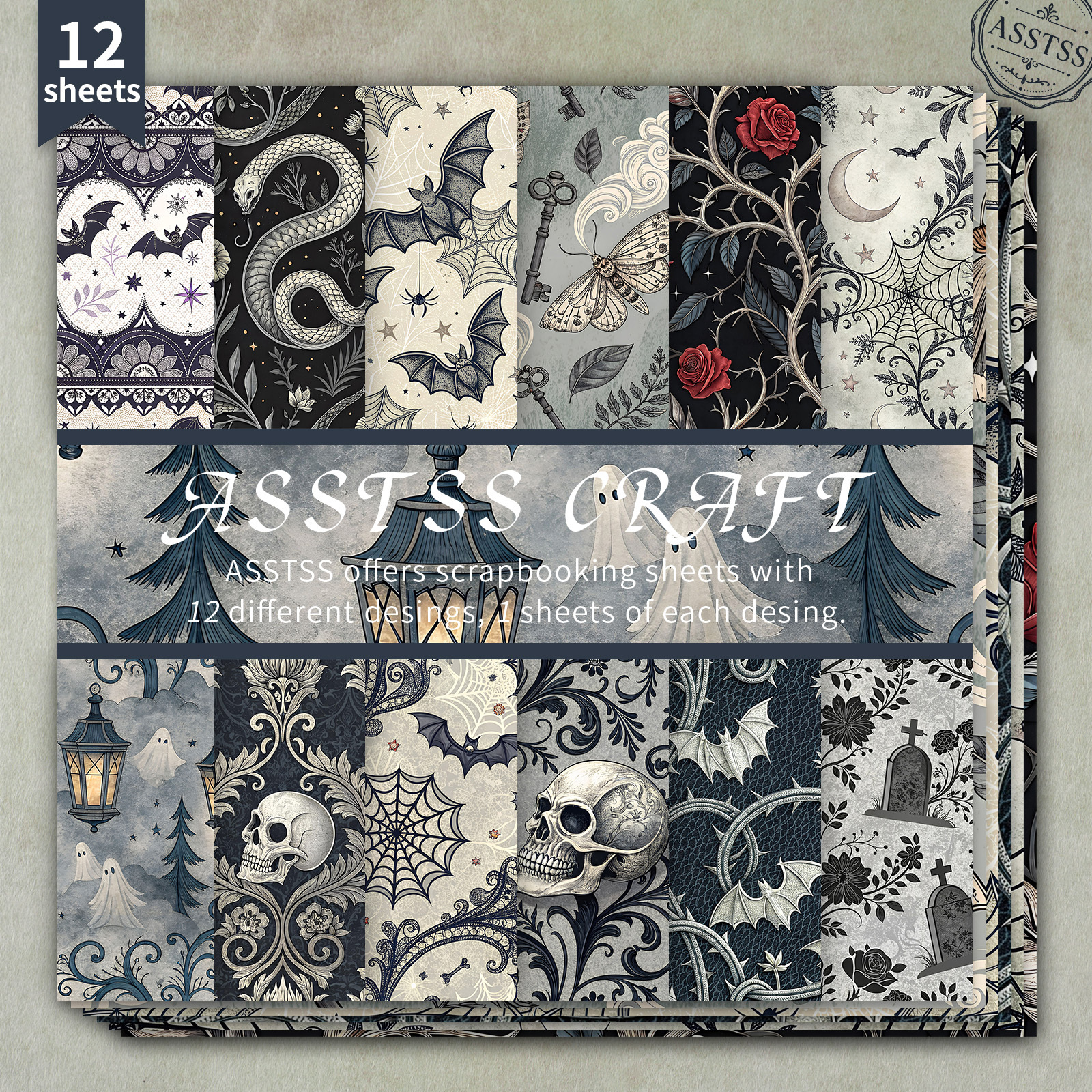 TEMU Bloc de papier scrapbooking ASSTSS de 12 feuilles 6X6 pouces, style gothique d'Halloween avec crâne, , chauve-souris, , papier de base , papier