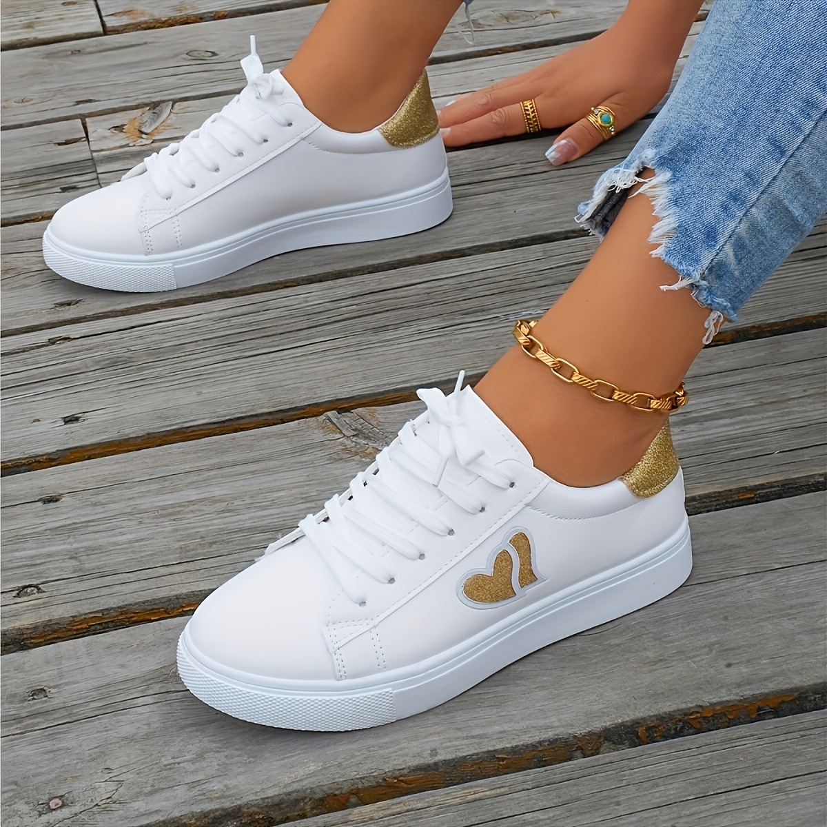 TEMU Baskets décontractées pour femme à cœur pailleté de 2 cm, chaussures de marche et de skate légères à lacets, chaussures de course, chaussures