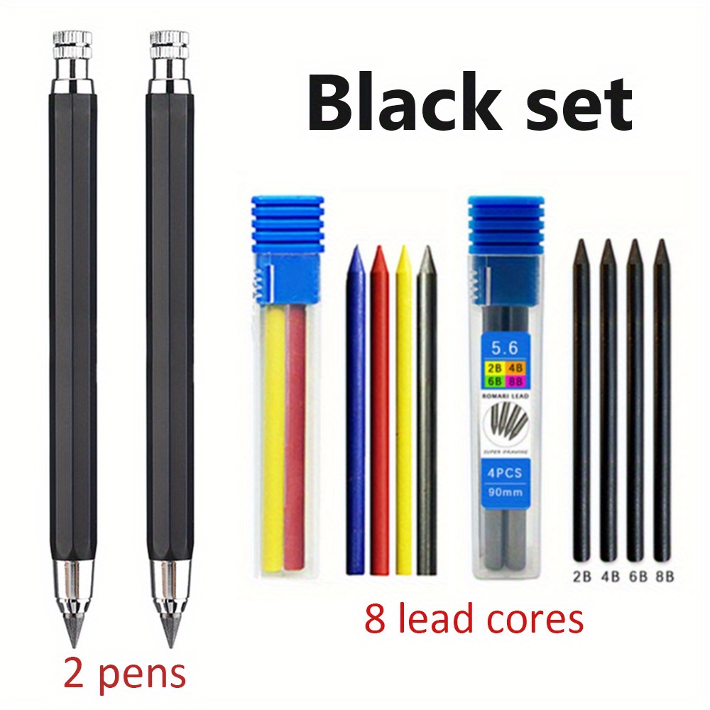 TEMU 4pcs 5.6mm Metal Mechanical Thick Lead Automatic Pencils - Hb Lead Filled Telescopic Engineering Pencils With 2 Pens & 2 Boxes Of Lead Cores,