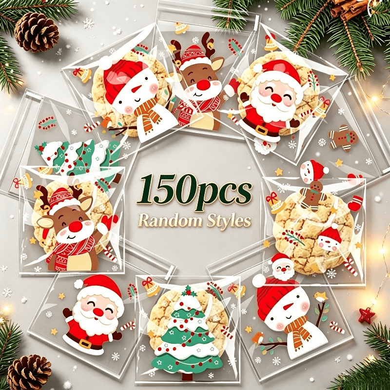 TEMU Lot de 150 sacs cadeaux de Noël de style avec de dessin : Père Noël, , de neige et sapin de Noël. Ils transparents et esthétiques, avec des