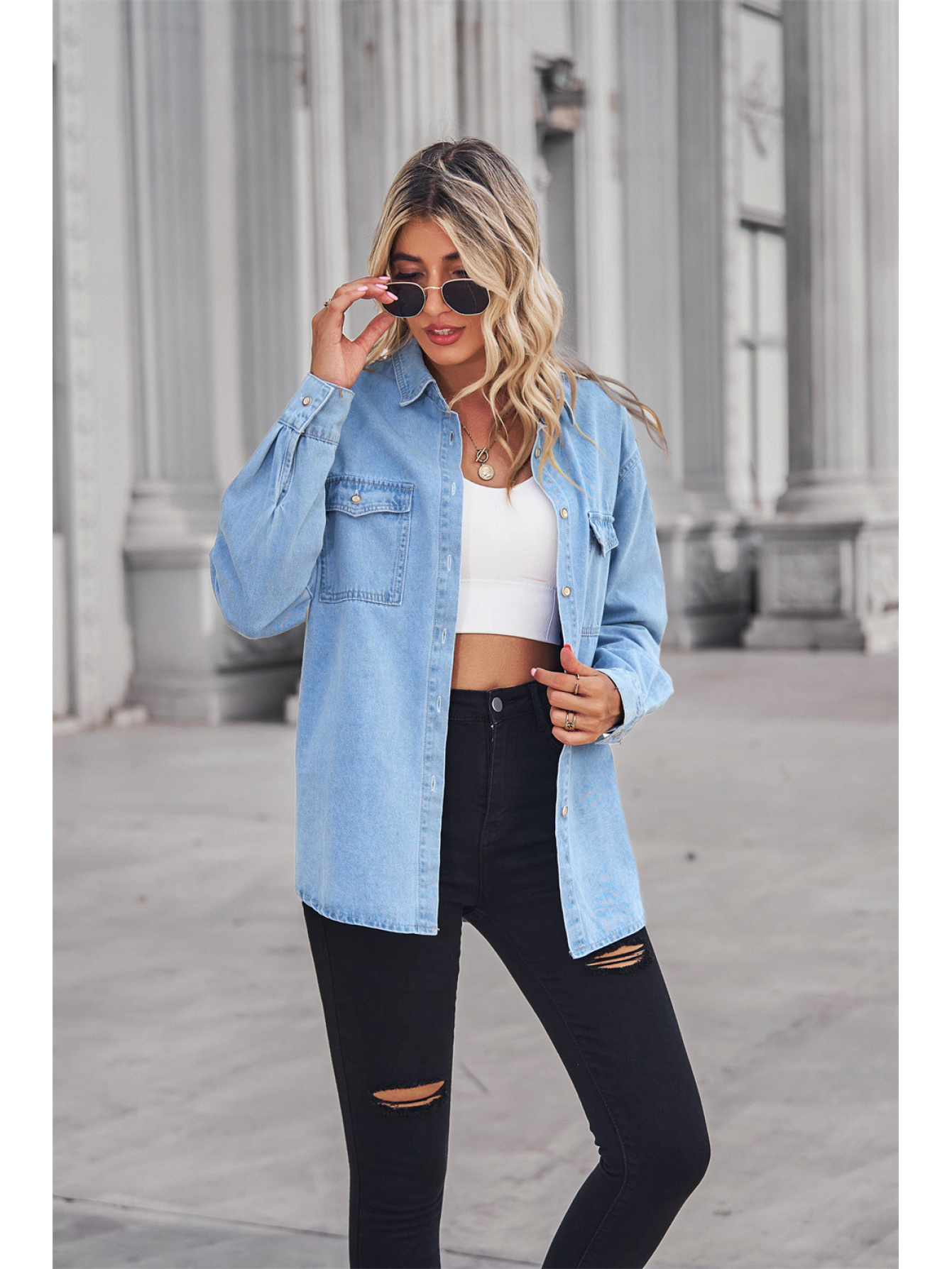 women' blue denim shirt v-neck long sleeve casual loose fit with