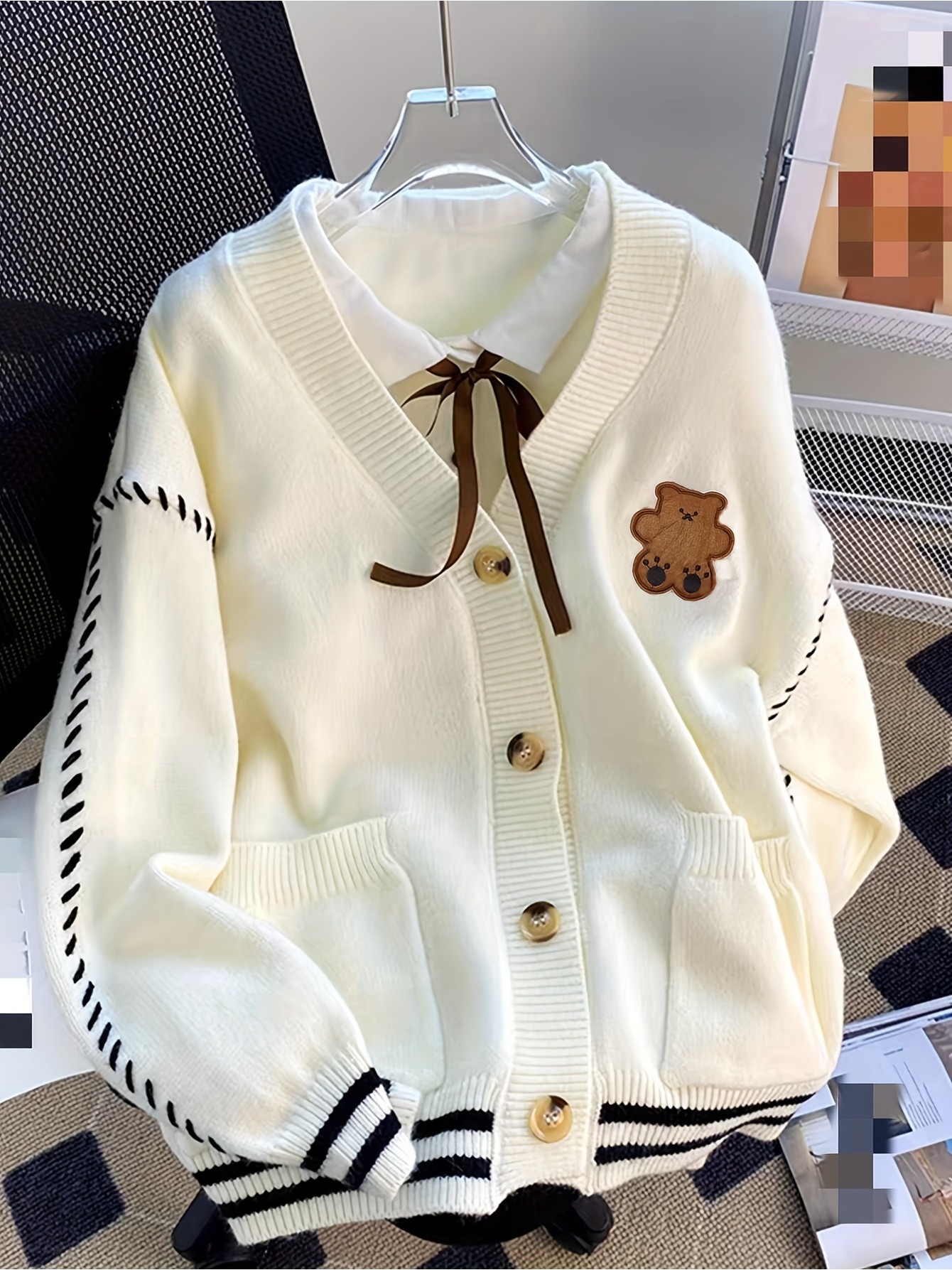 Cream Knit Bear Patch Cardigan with Bow Tie